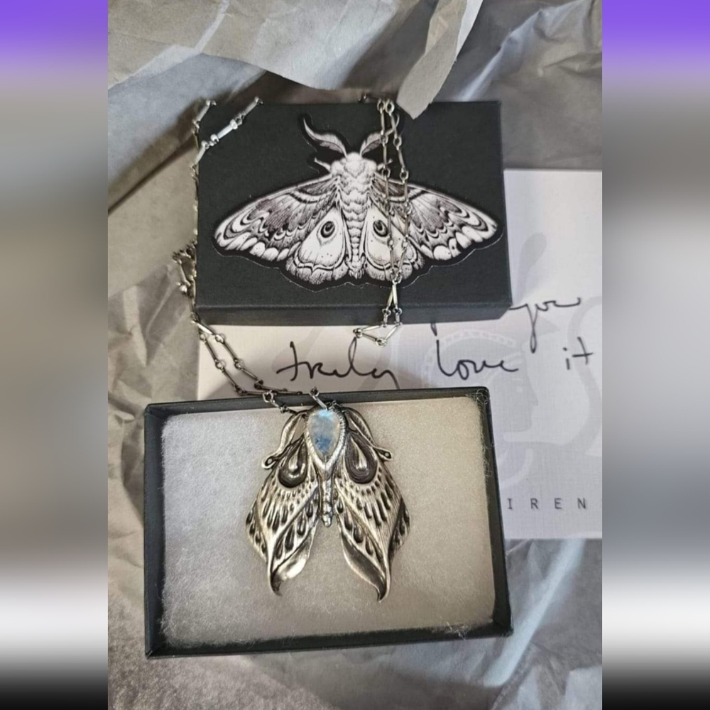 Bloodmilk Blue Moonstone Grief Moth Necklace